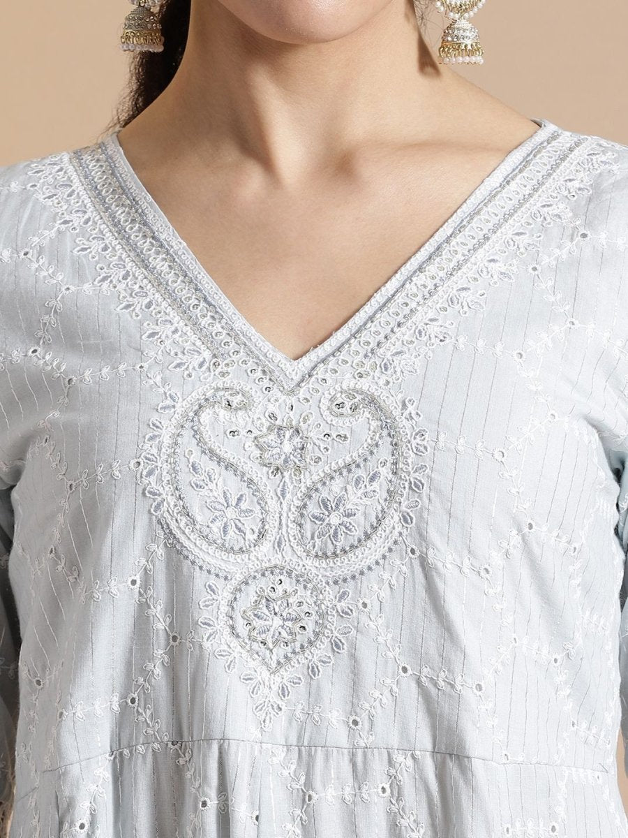 Anouk Floral Embroidered Empire Thread Work Pure Cotton Kurta with Trouser & Dupatta - Distacart