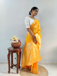 Thumbnail for Malishka Cotton Silk Jacquard Ready To Wear Saree With Blouse Piece - Yellow - Distacart