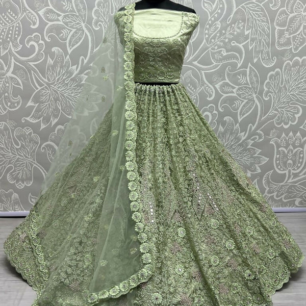 Jyoti Fashion Women's Pista Green Bridal Net Fancy Dori, Multi Thread, Hand Mirror and Diamond Work Wedding Lehenga Choli - Distacart