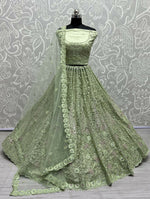 Thumbnail for Jyoti Fashion Women's Pista Green Bridal Net Fancy Dori, Multi Thread, Hand Mirror and Diamond Work Wedding Lehenga Choli - Distacart