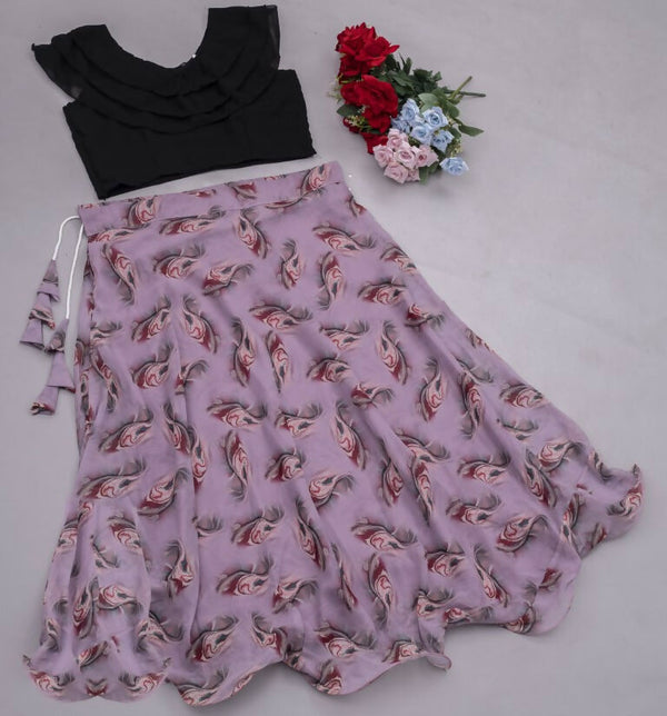 Preksha Creation Indian Festive Georgette Digital Print Women Lehenga Choli And Crop Top - Black & Brown - Distacart