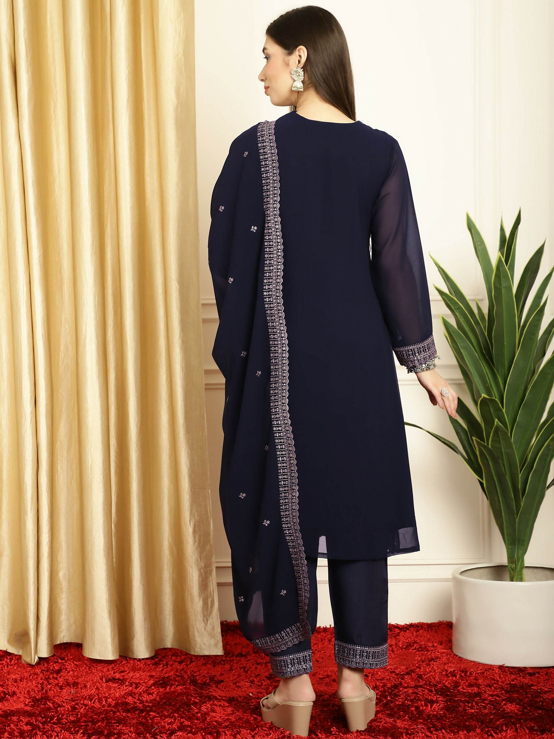 Jyoti Fashion Women's Navy Blue Georgette Resham Thread & Sequin Kurta with Trouser & Dupatta - Distacart