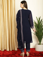 Thumbnail for Jyoti Fashion Women's Navy Blue Georgette Resham Thread & Sequin Kurta with Trouser & Dupatta - Distacart