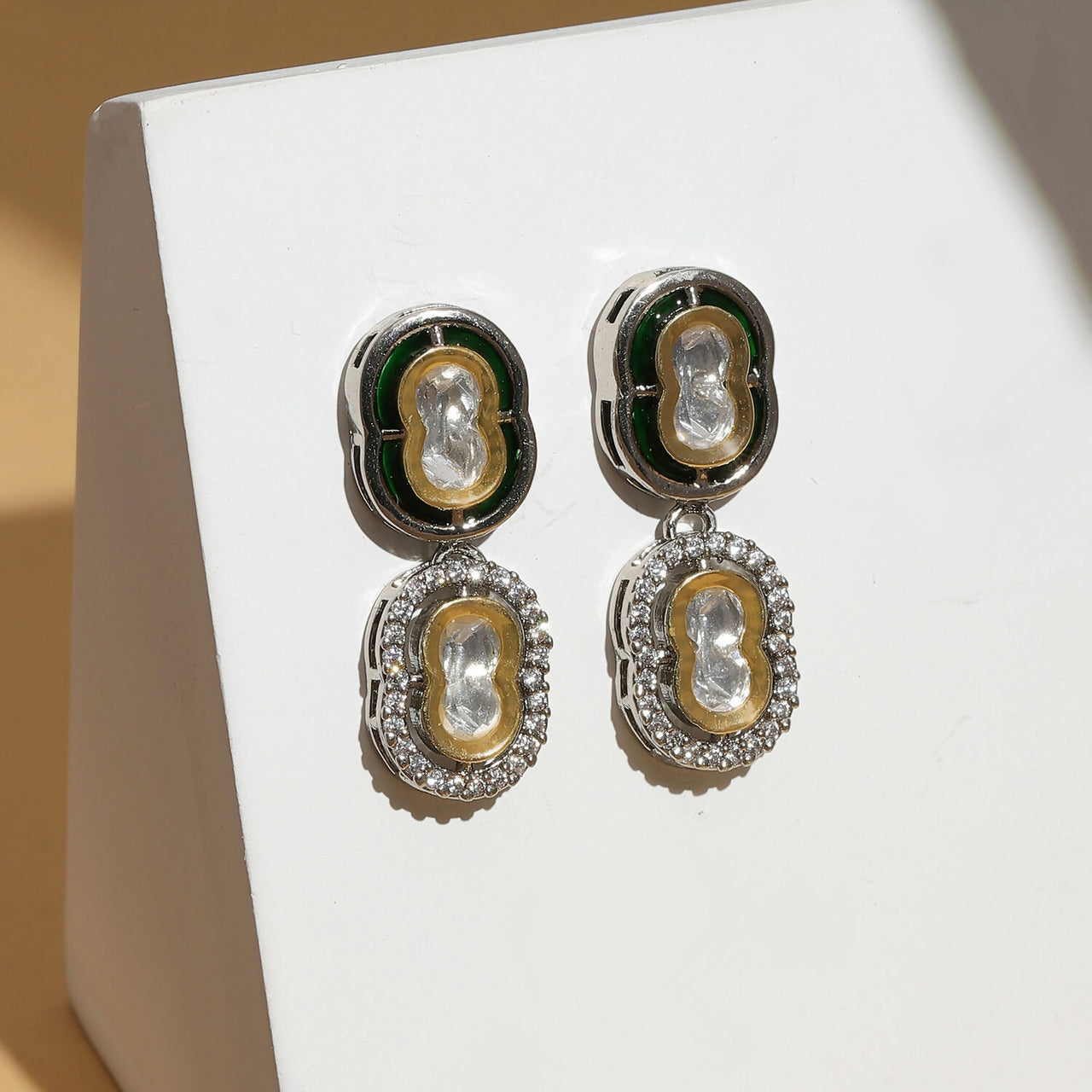 Double Mufli (peanut) Meenakari and Diamond Earrings (Silver) - Ruby Raang - Distacart