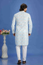 Thumbnail for Raivat Ethnic Cotton Embroidery Kurta Pajama In Sky Blue Colour - Dista