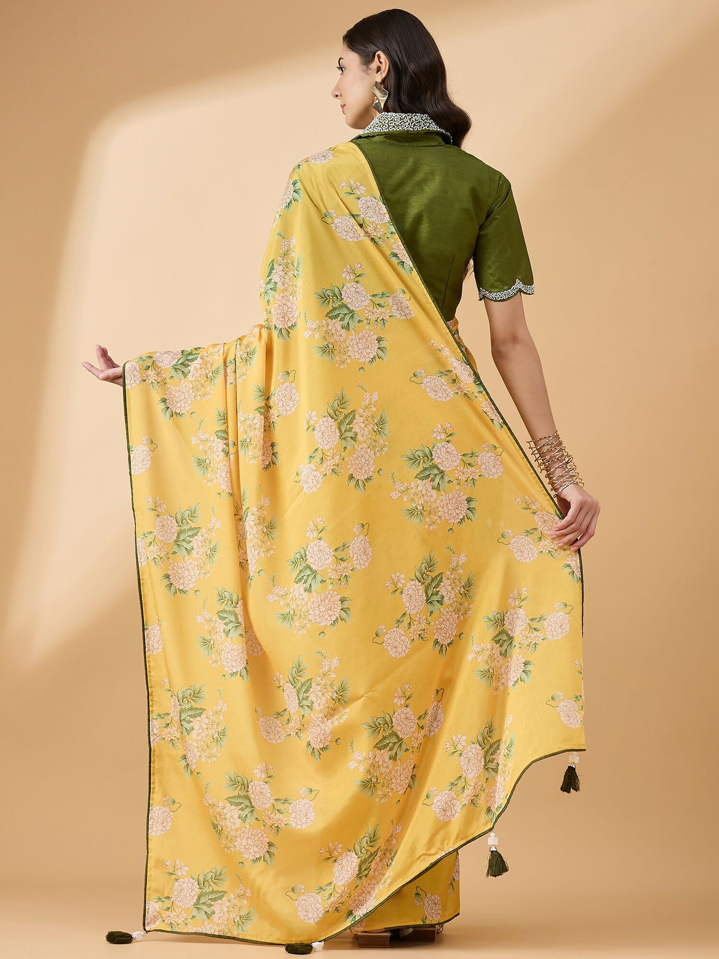 Mustard Chiffon Floral Printed Saree with Stitched Blouse - Dharavi - Distacart