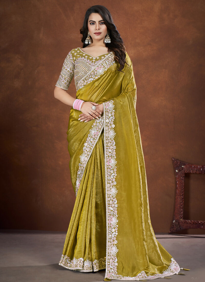 Green Banarsi Crush Silk Embroidered Saree with stitched Blouse - Mohmanthan Saha Saki - Distacart