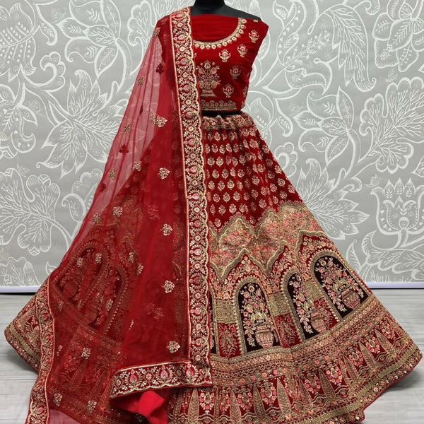 Jyoti Fashion Women's Red Velvet Multi Thread Embroidered with Zircon Diamond Wedding Lehenga Choli - Distacart