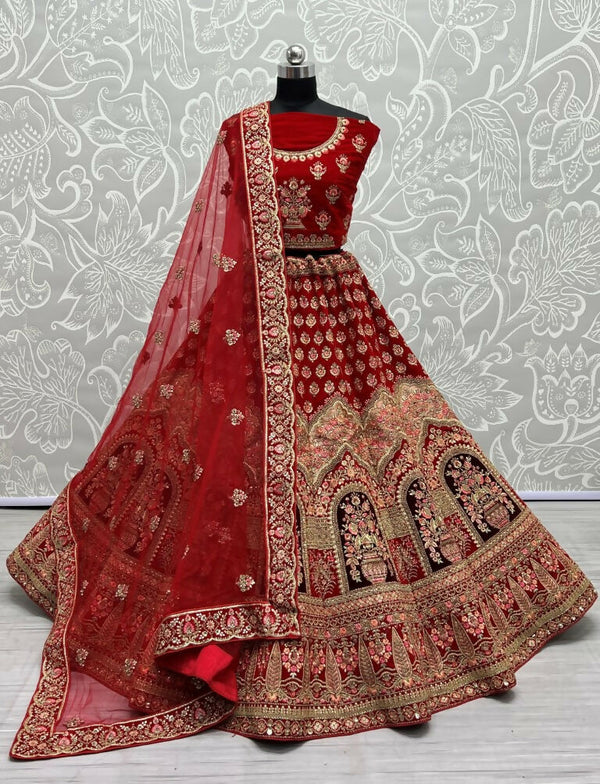 Jyoti Fashion Women's Red Velvet Multi Thread Embroidered with Zircon Diamond Wedding Lehenga Choli - Distacart