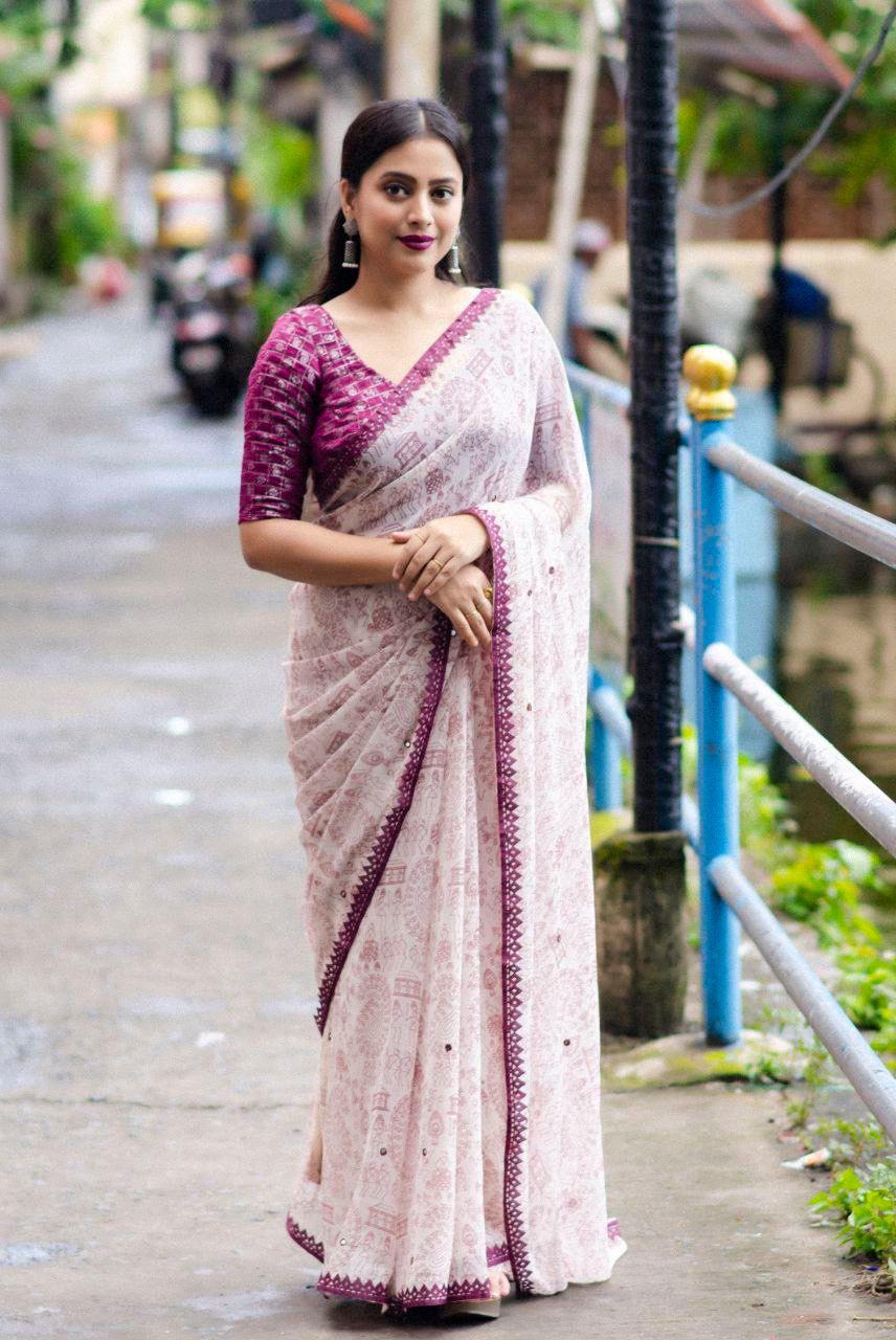 Purple Pure Georgette Warli Saree with Unstitched Blouse - A2M - Distacart
