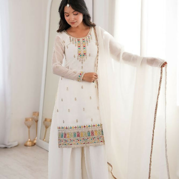Teeya Creation White Color Soft Crunchy Silk Party Wear Designer Sharara set - Distacart