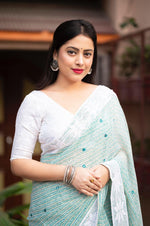 Thumbnail for Blue Poly Georgette Ethnic Motifs Saree with Unstitched Blouse - A2M