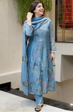 Thumbnail for The52 Blue Women's Beautiful Cotton Fabric Thread Work Straight Kurta, Pant and Dupatta Set - Distacart