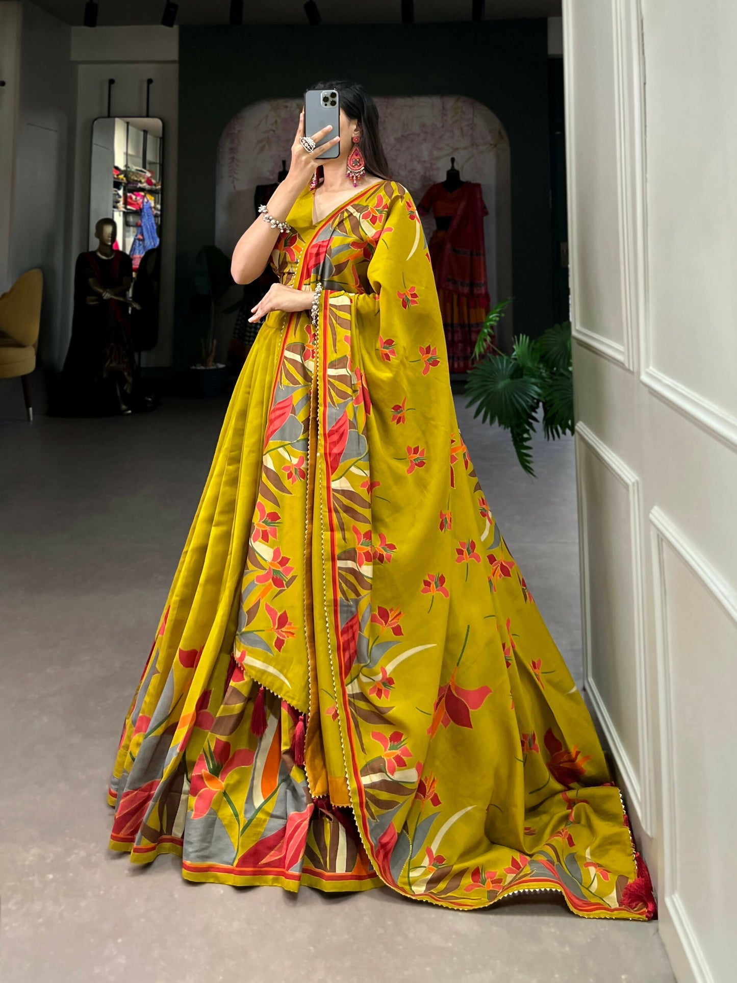 Vastranavya Polyester Viscose Chanderi Lehenga Choli With Intricate Print And Dupatta - Mustard - Distacart