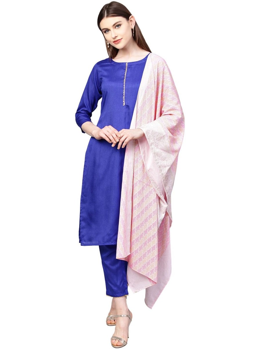 Ahalyaa Women's Royal Blue Poly Silk Solid Salwar Suit with Dupatta - Distacart