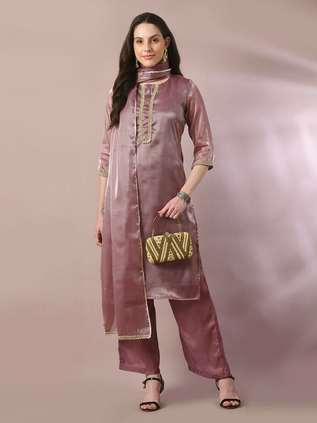 Myshka Women's Brown Solid Straight Party Kurta Set With Dupatta - Distacart