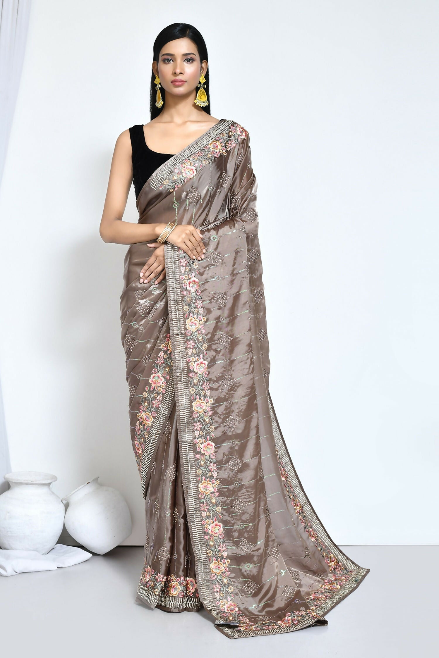 Brown Satin Silk Sequence Embroidered with Stone work Saree - Nimaya Benzy - Distacart