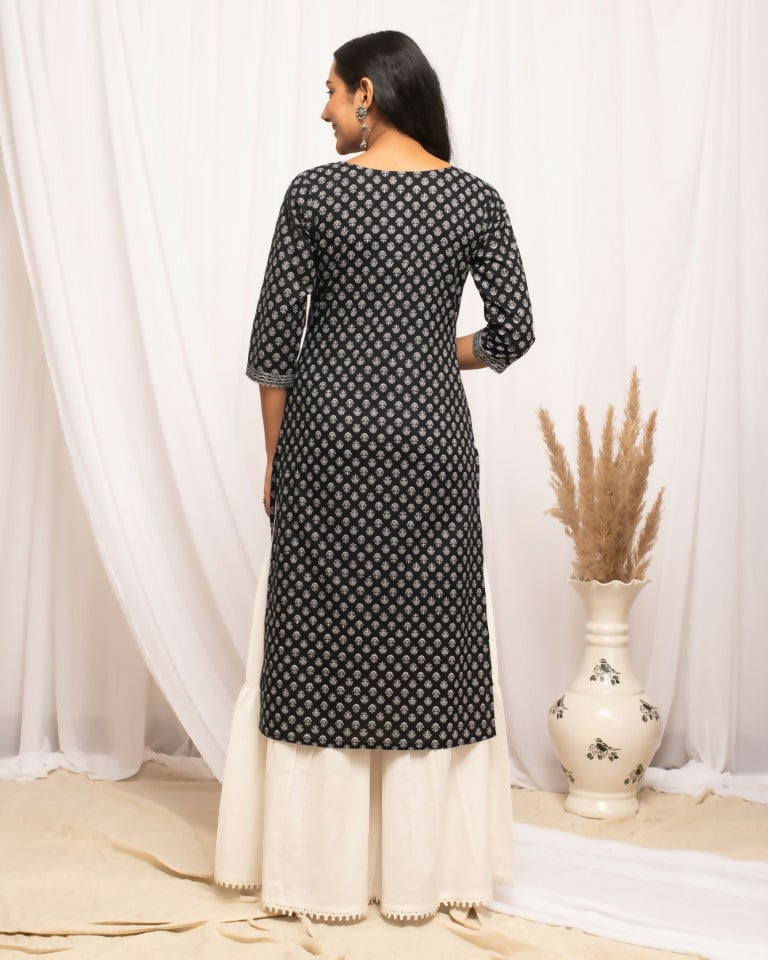 FIORRA Women's Floral Printed Black Cotton Straight Kurta - Distacart