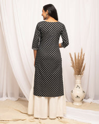 Thumbnail for FIORRA Women's Floral Printed Black Cotton Straight Kurta - Distacart
