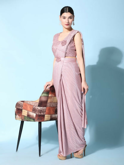 Pink Imported Crush Lycra Texture Pattern Ready to Wear Saree with stitched Blouse - Nirvana - Distacart