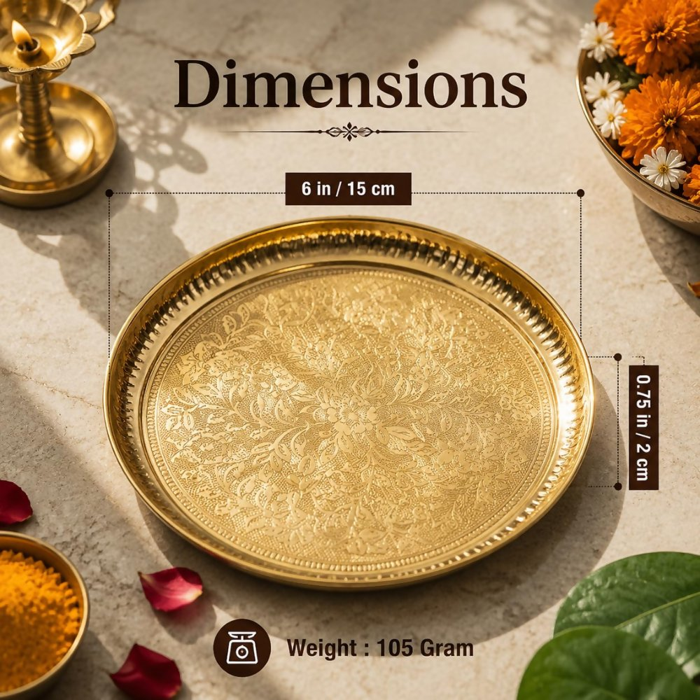 Pure Source India Handmade Flower Embossed Design Brass Puja Thali - Dista