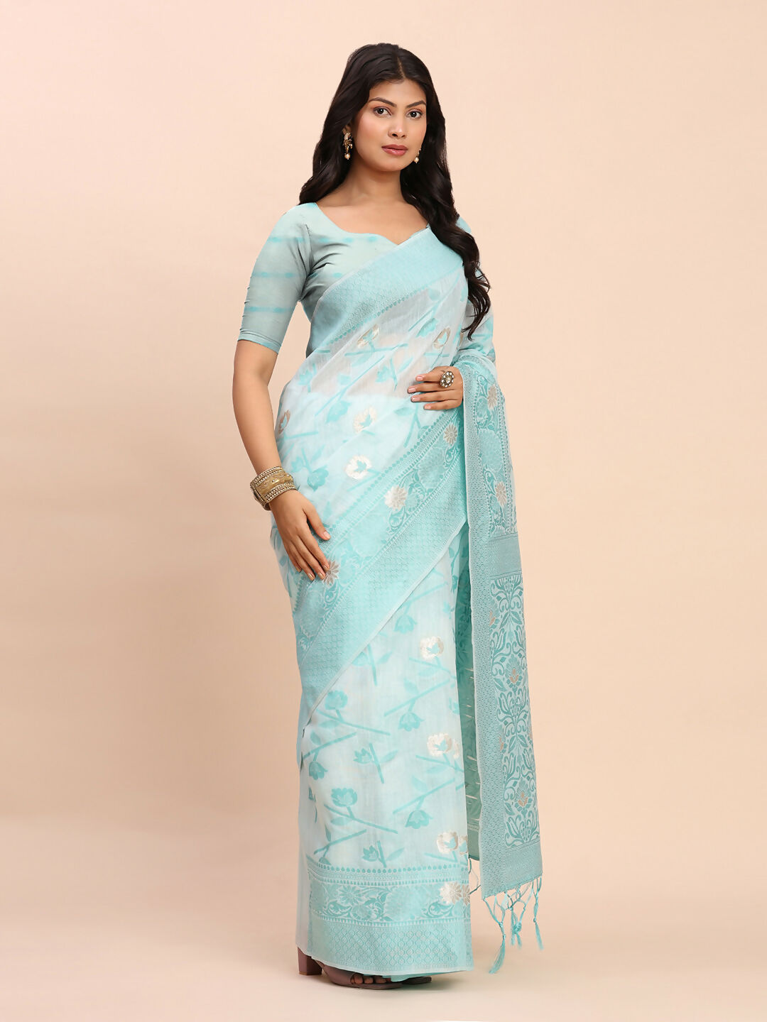 Astita Linen Cotton Sky Blue Saree