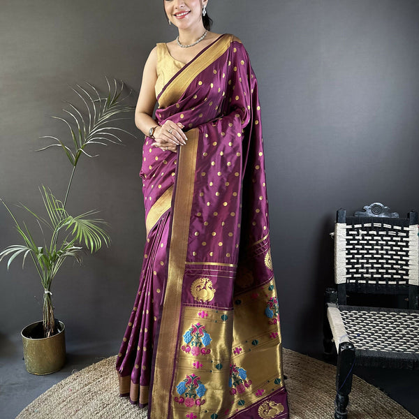 Joban Fashion Wine Polka Dot Lichi Silk Paithani Silk Saree - Distacart
