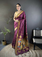 Thumbnail for Joban Fashion Wine Polka Dot Lichi Silk Paithani Silk Saree - Distacart