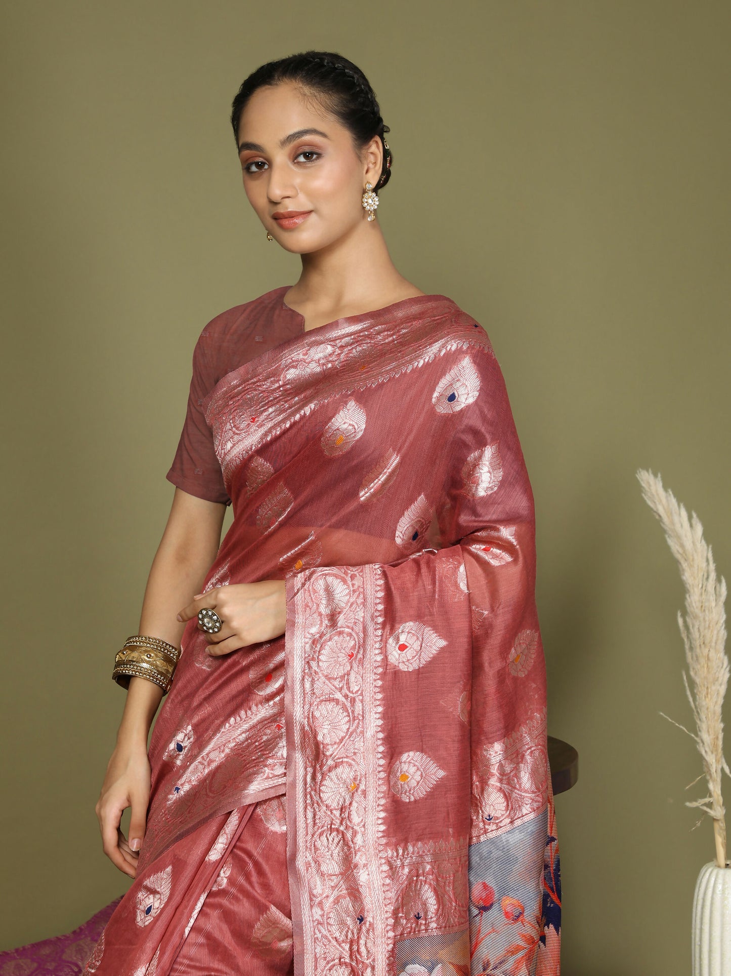 Shree Shyam Fashion Linen Cotton Rust Saree - Distacart