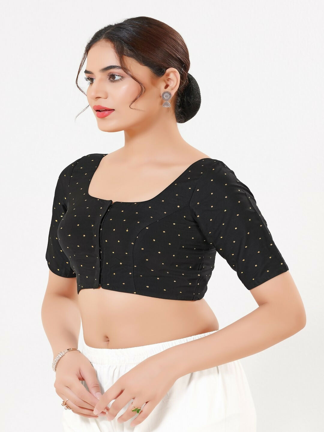 Joban Fashion Black Taffeta Silk Elbow Sleeveless Front Open Blouse