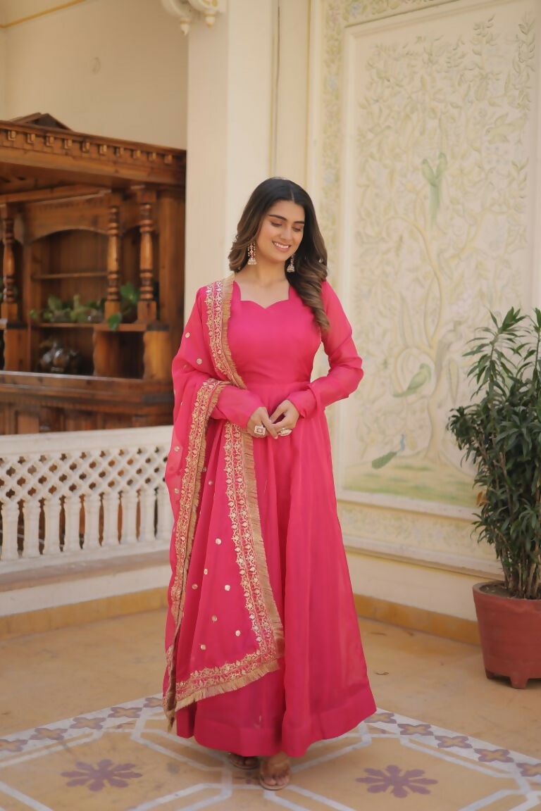 Aastha Fashion Women's Pink Russian Silk Kali Pattern Work in Flair Anarkali Dress with Dupatta - Distacart