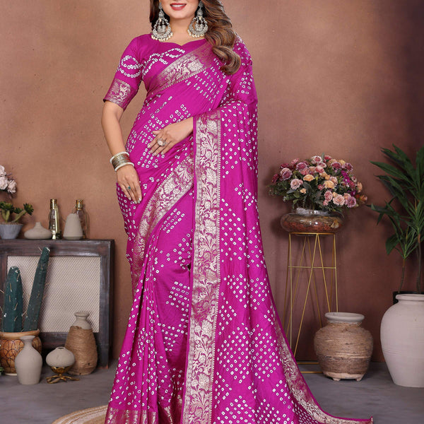 Aastha Fashion Magenta Pure Dola Silk Handmade Original Bandhej Saree - Distacart