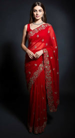 Thumbnail for Joban Fashion Red Fandy Satin Silk Party Wear Sarees - Distacart