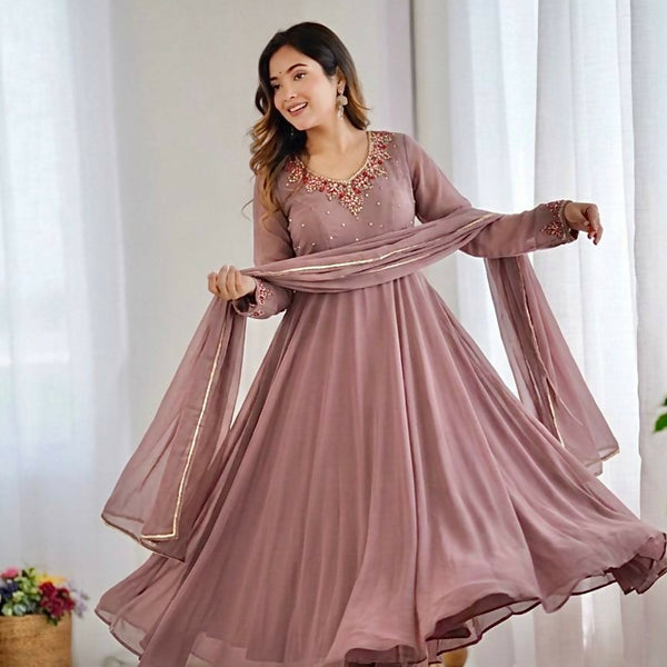 Teeya Creation Womens New Fancy Fox Georgette Heavy Quality Fabric With Handwork Gown Set - Dista