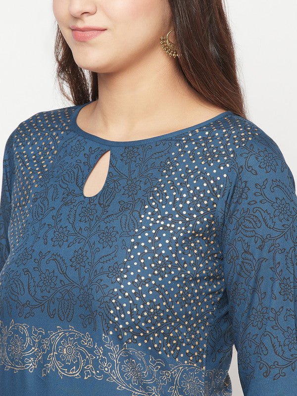 Aniyah Rayon Block Print Blue Straight Kurta Palazzo Set