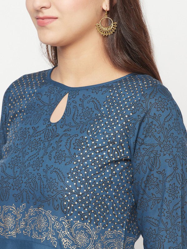 Aniyah Rayon Block Print Blue Anarkali Kurta