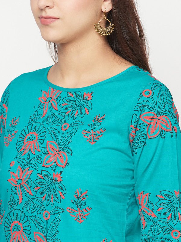 Aniyah Turquoise Cotton Block Print Straight Kurta