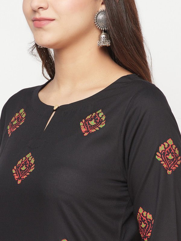 Aniyah Rayon Block Print Straight Kurta - Black