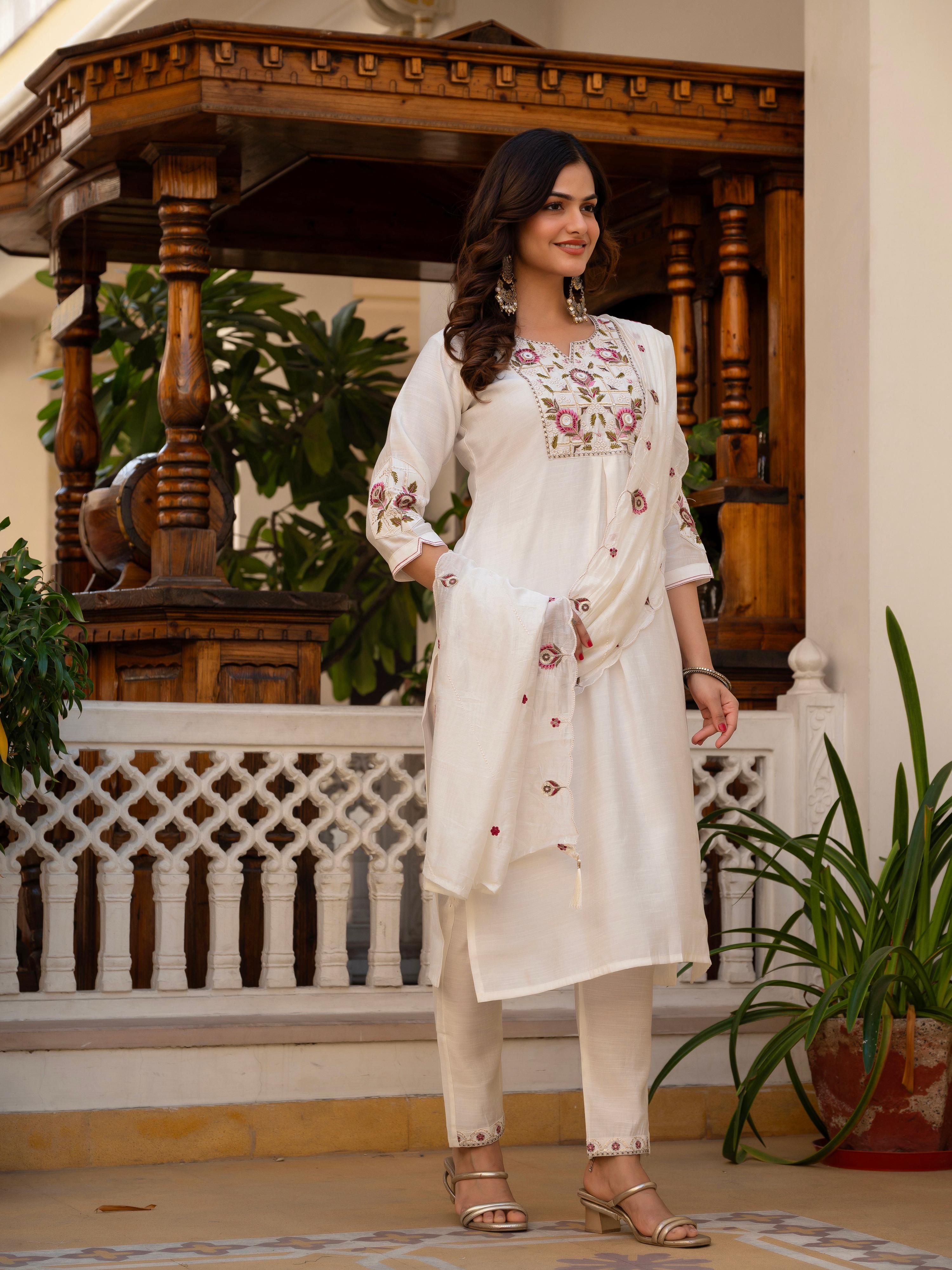 Pramukh Fab White Color Viscose Mango Silk Kurta Set - Distacart