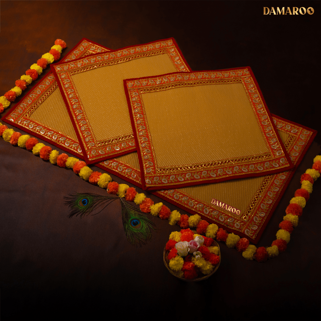 Damaroo Combo Pack of 3 | Opulent Nylon Puja Aasan & Mat | Orange Sequins Border - Golden Husk - Distacart