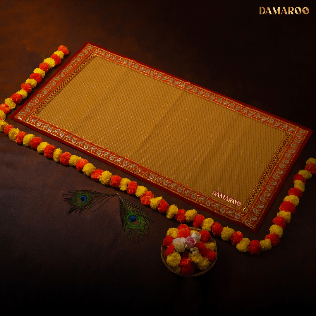 Damaroo 2x4 ft | Opulent Nylon Puja Mat | Orange Sequins Border - Golden Husk - Distacart