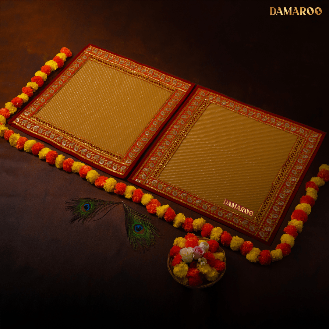 Damaroo Set of 2 | 2x2 ft | Opulent Nylon Puja Aasan Set | Orange Sequins Border - Golden Husk - Distacart