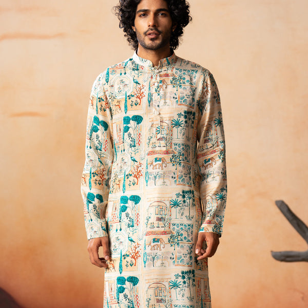 Classic Forest Print Silk Kurta by Hilo Design - Distacart