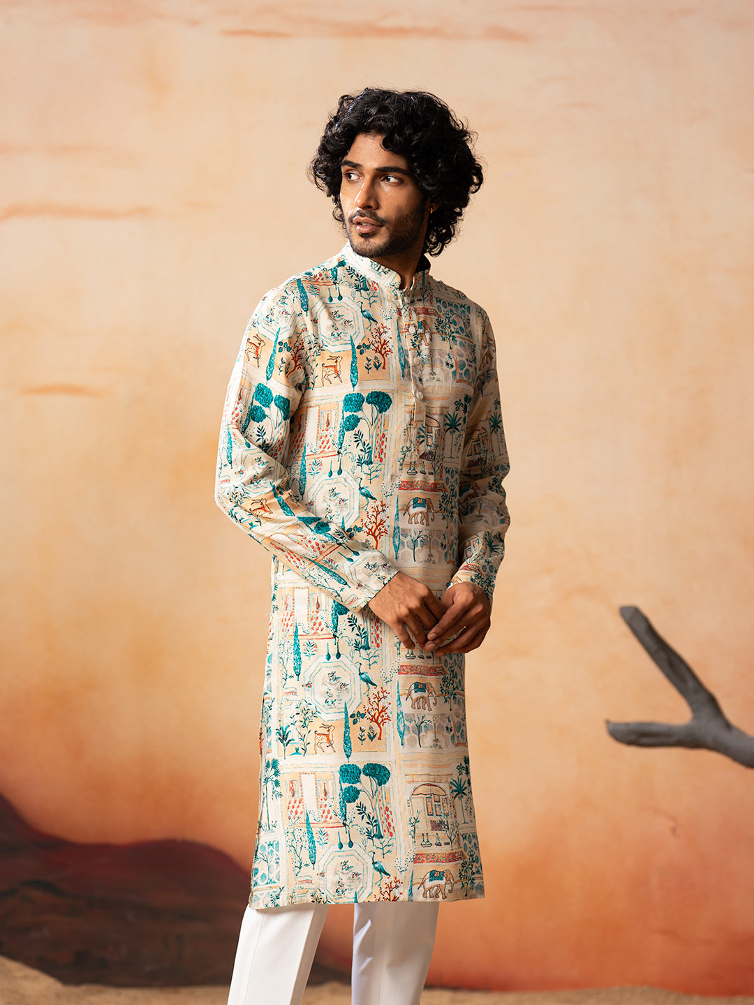 Classic Forest Print Silk Kurta by Hilo Design - Distacart