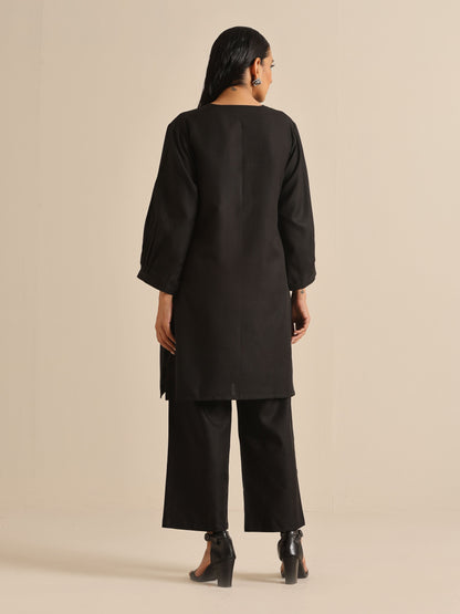 trueBrowns Black Slub Relaxed Placket Co-Ord Set - Distacart