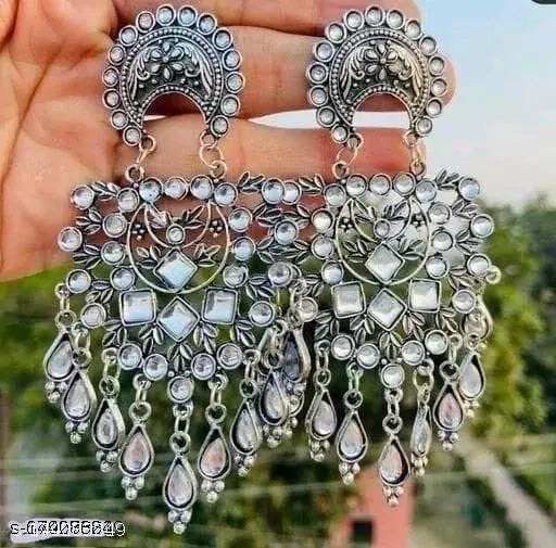 Tehzeeb Creations Women's Silver Colour Oxidised Earrings With Kundan - Distacart