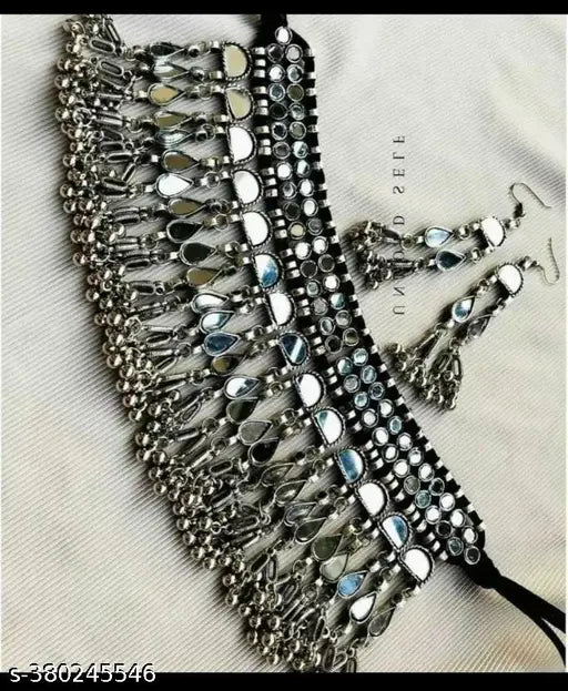 Tehzeeb Creations Women's Silver Colour Oxidised Necklace Set With Mirror Work - Distacart