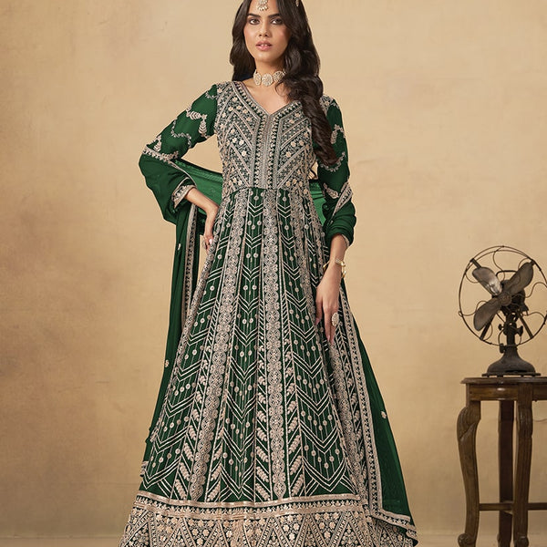 Monjolika Fashion Faux Georgette Embroidered Dark Green Engagement Wear Anarkali Suit