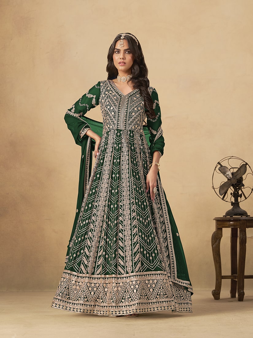 Monjolika Fashion Faux Georgette Embroidered Dark Green Engagement Wear Anarkali Suit - Distacart