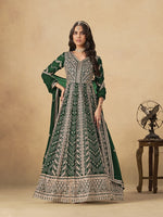 Thumbnail for Monjolika Fashion Faux Georgette Embroidered Dark Green Engagement Wear Anarkali Suit
